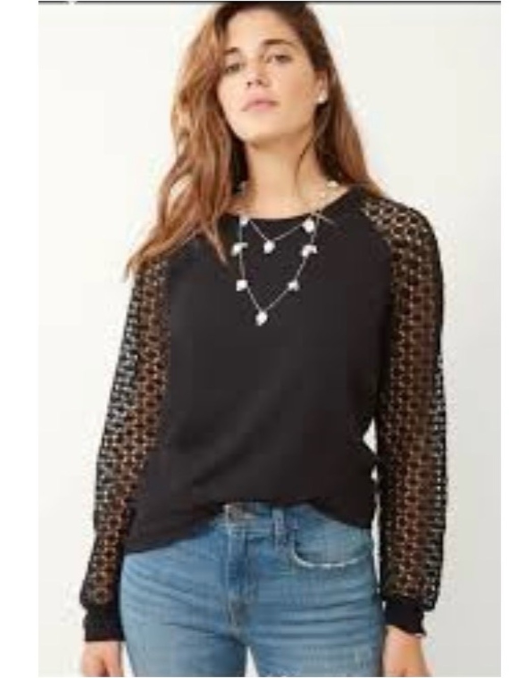 Stella and dot maette Black Crochet-Sleeve Crewneck Sweatshirt ptp 19